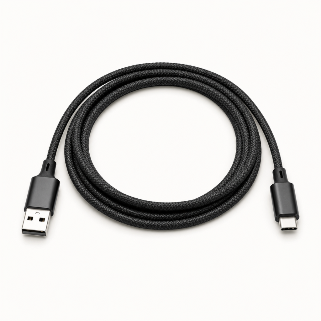 Black braided USB-A to USB-C cable, 1 meter long