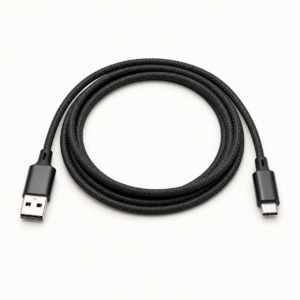 Black braided USB-A to USB-C cable, 1 meter long