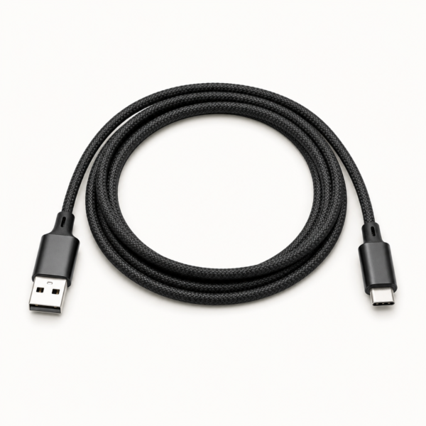Black braided USB-A to USB-C cable, 1 meter long