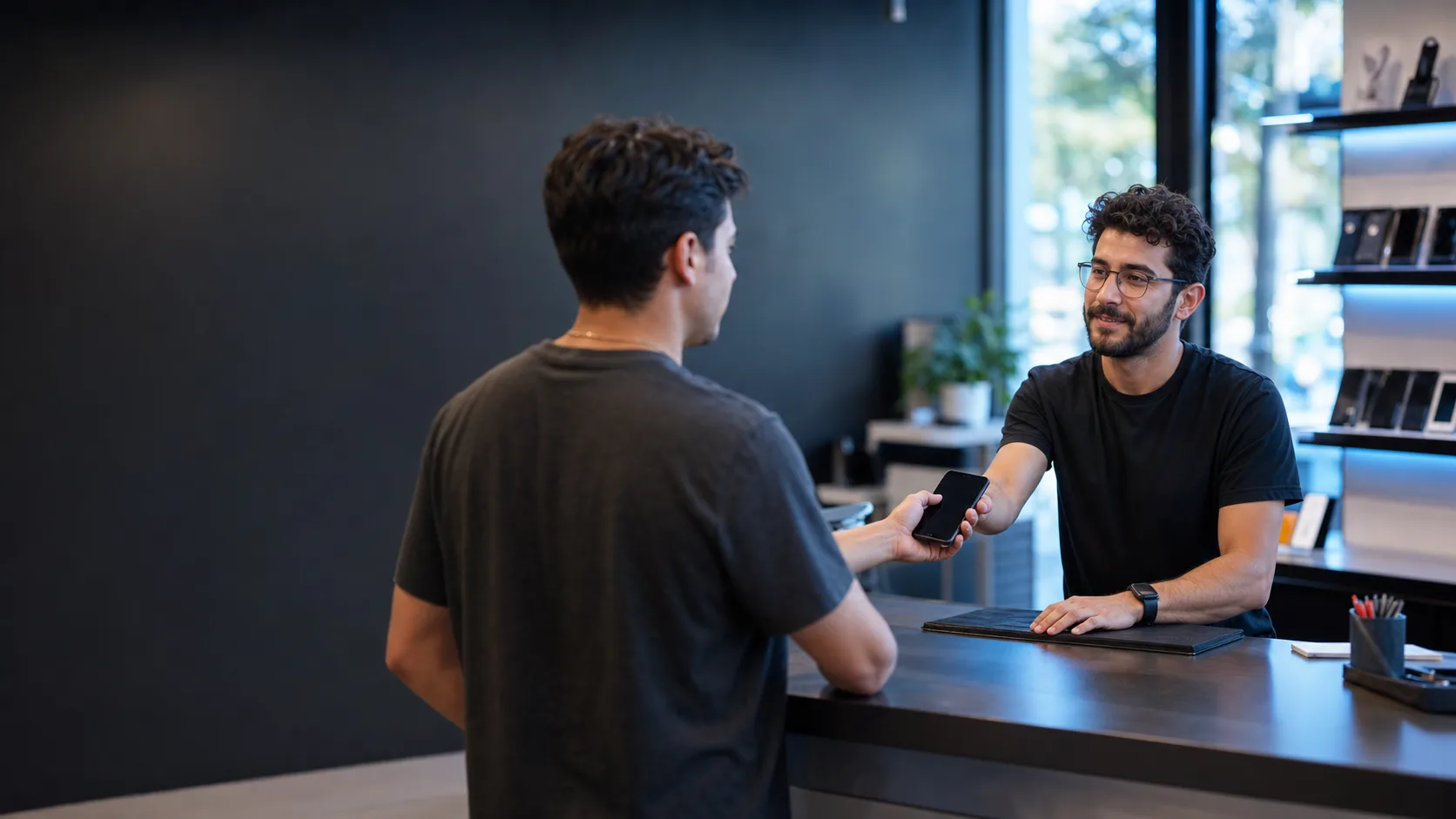 Customer presenting a phone for an iPhix trade-in offer