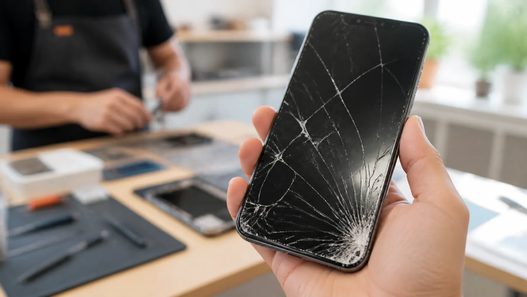 Customer holding a phone with a cracked screen at the iPhix repair bench